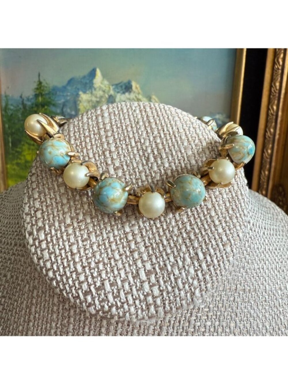 Vintage Gold Tone Bracelet W/ Faux Pearls & Faux Turquoise Cabochons